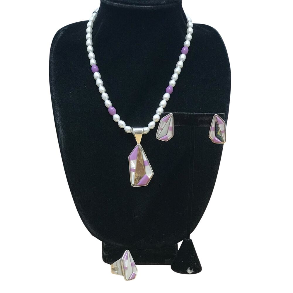 DTR Jay King Purple Amethyst Faux Pearl Bead Jewelry Set Necklace Earring Ring